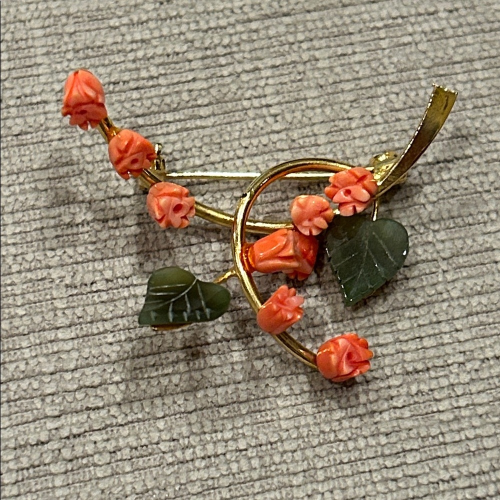 Elegant‎ Gold and Orange coral and jade  Floral Brooch